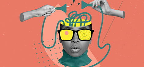 3d collage of human wear goggles brains mental health on orange background